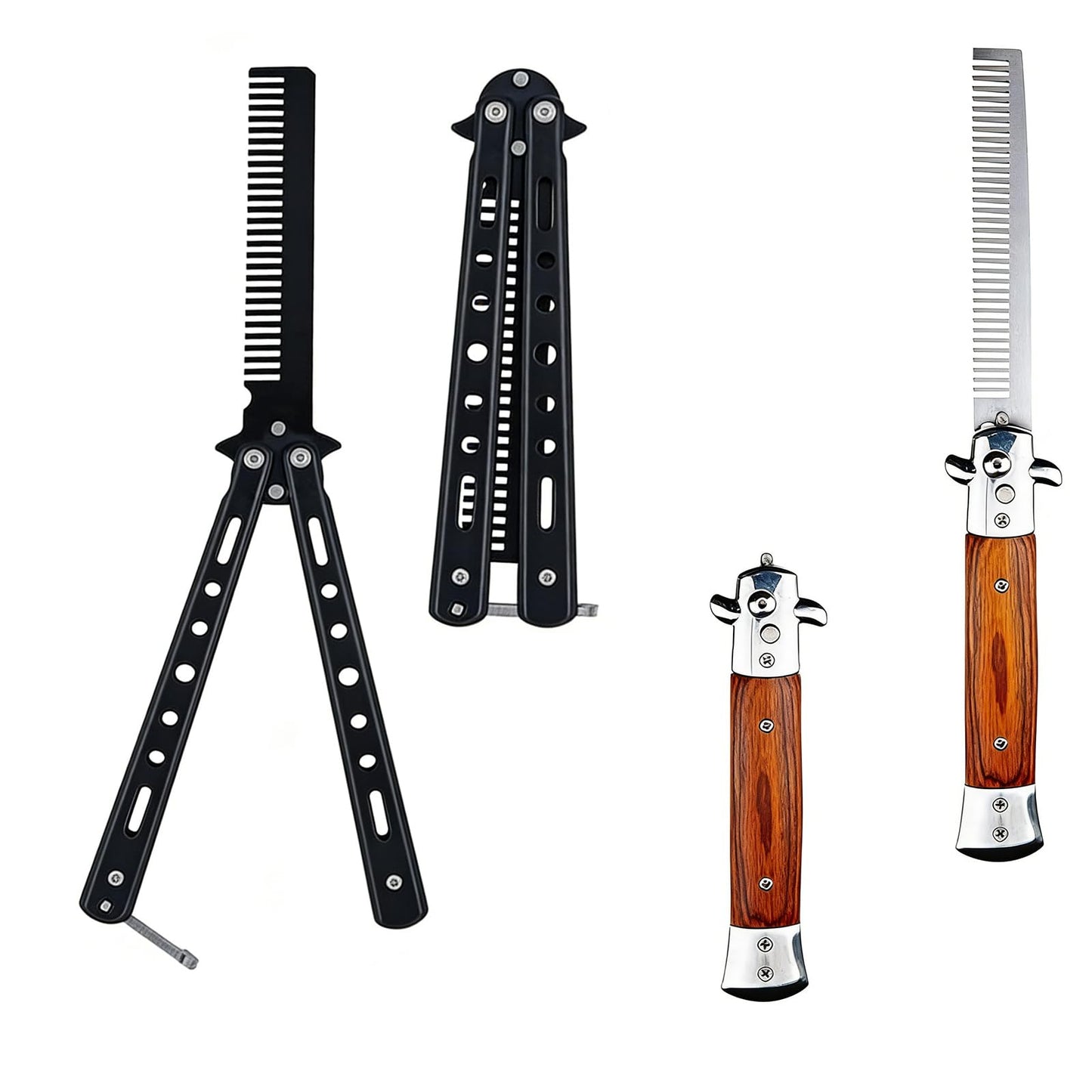 2PCS Automatic Switch Folding Practice Combs Stainless Steel Butterfly Knife Comb Wood Grain and Square Black Switchblade Combs Portable Switch Blade Comb for Men Grooming Travel Outdoor