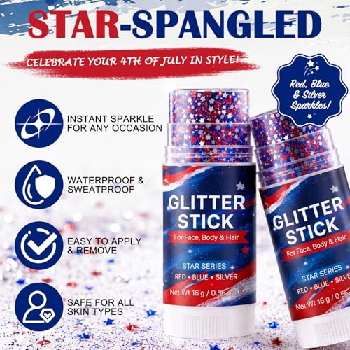 Patriotic Red White Blue Glitter Stick for Face & Hair