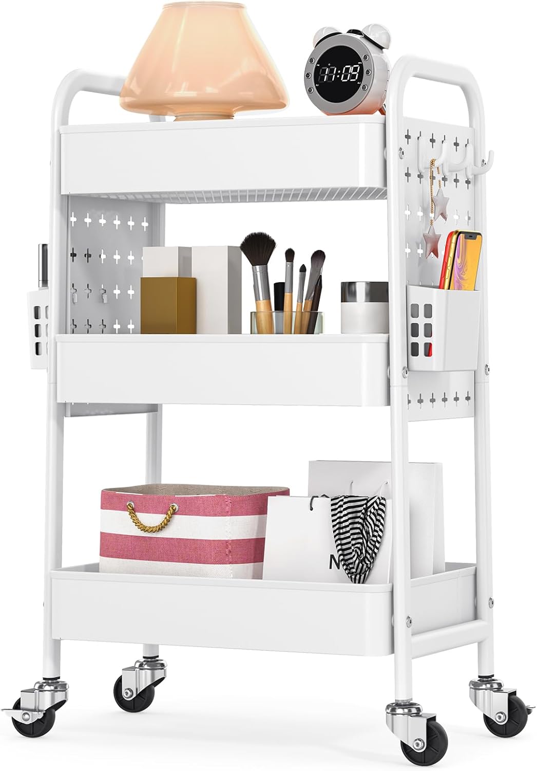 Metal Rolling Storage Cart - 3-Tier Utility Mobile Trolley with DIY Pegboards & Baskets | Pure Pink