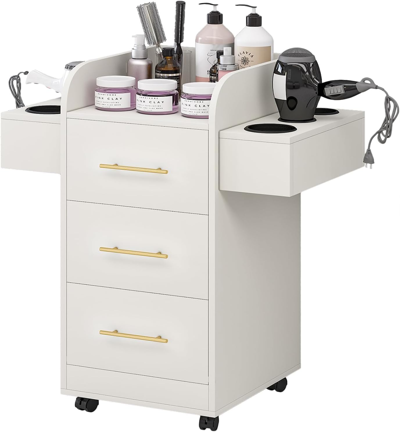 Rolling Salon Station for Hair Stylists - Mobile Trolley Cart with 6 Dryer Holders & 3 Drawers | White & Gold