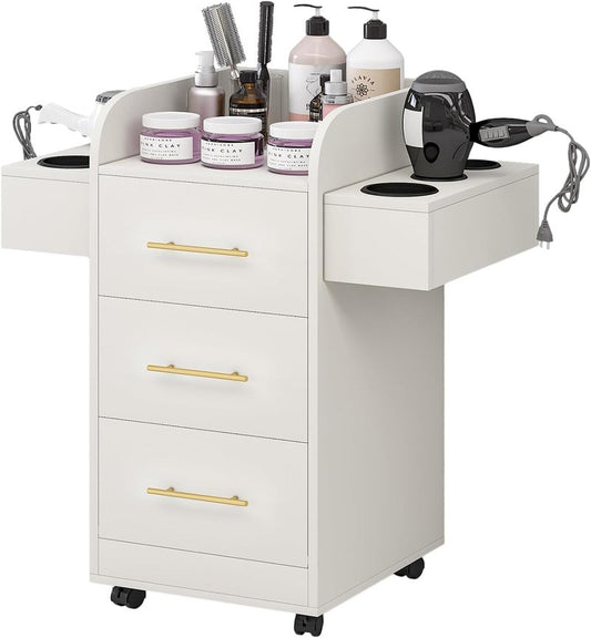Rolling Salon Station for Hair Stylists - Mobile Trolley Cart with 6 Dryer Holders & 3 Drawers | White & Gold