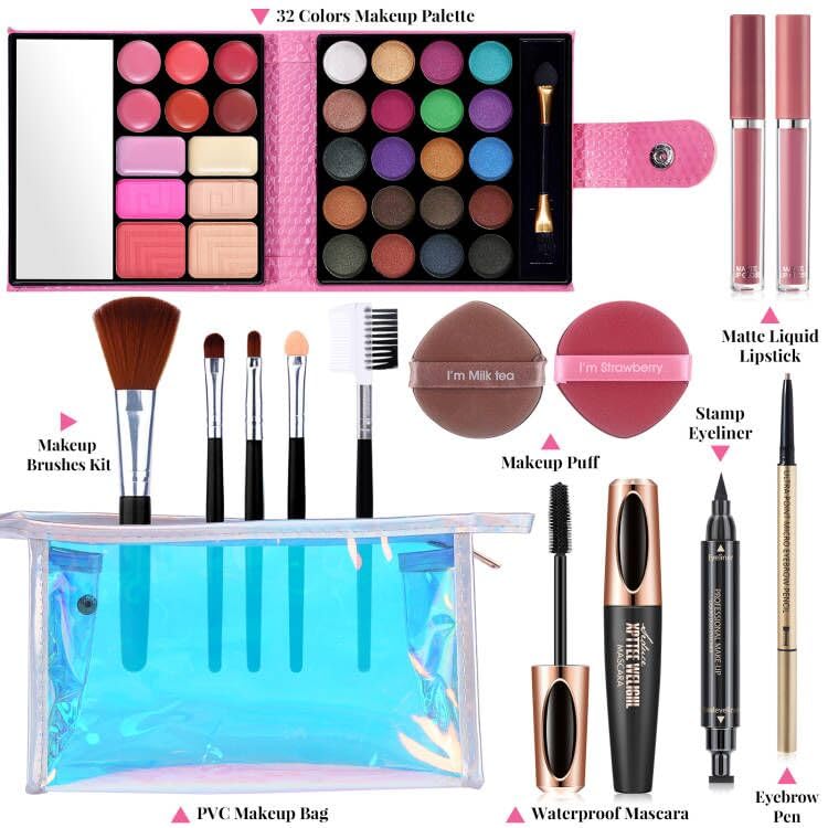 Makeup Set for Women - 32 Color Palette with Brushes, Eyeliner & Lipsticks | Complete Gift Kit