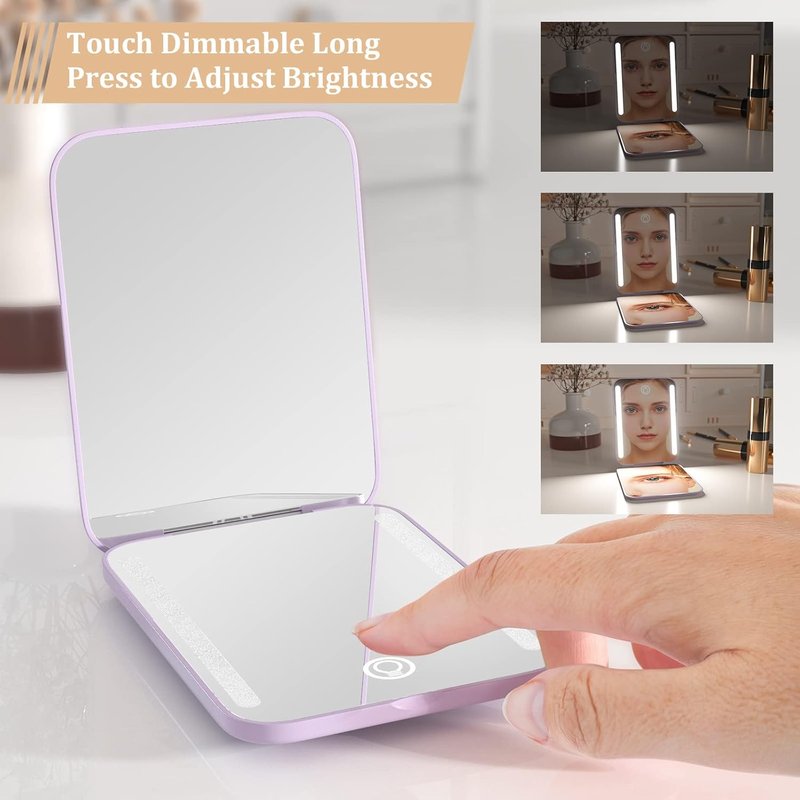 Rechargeable Travel Makeup Mirror with Light - 1x/3x Magnification, 3 Color Modes | Compact & Portable, Purple
