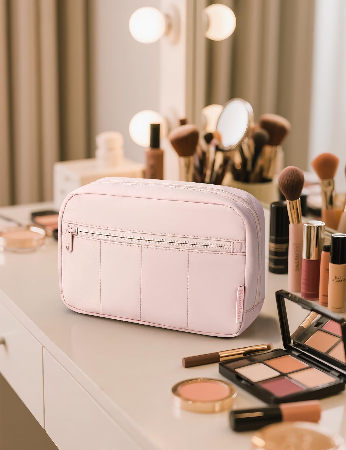 Noozion Makeup Bag Travel Toiletry Bag, Puffy Padded Cosmetic Bag for Women, Makeup Organizer Case, Wide-open Pouch Purse, Travel Essentials