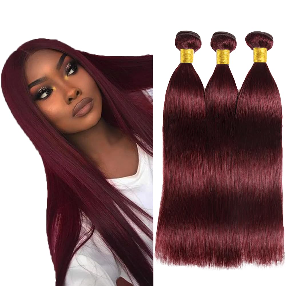 #99J Wine Red Human Hair Bundles Straight Bundles 26 28 30 Inch Burgundy Bundle Unprocessed Brazilian Virgin Hair 3 Bundle 50 Gram Per Bundle Deals Quick Weave Hair Extensions For Woman