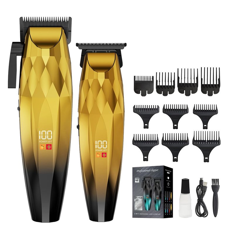 2-in-1 Professional Hair Clippers Set,Cordless Hair Clippers and T-Blade Trimmer Kit for Men,LCD Display,USB Rechargeable,Adjustable Guards,Waterproof,Beard & Body Grooming Kit (Gold)
