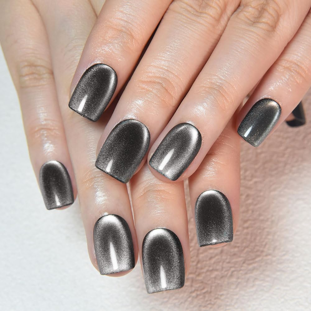 Aqua Blue Cat Eye Press-On Nails - Medium Square Chrome Design | Holographic Glitter Gel Acrylic Reusable