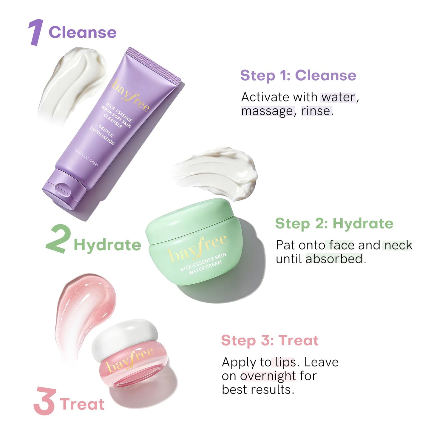 bayfree Favorites Travel Dewy Skin & Lips Plump Set, Hydrating Korean Skin Care Set with Rice-Essence Wash, Water Cream & Lip Mask, Gentle Vegan Skincare Gift Set for Girls Women, Glowing Skin