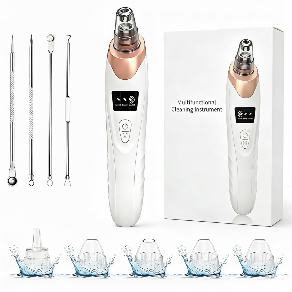 Blackhead Remover for Face, 9-in-1 Pore Vacuum Kit with 5 Probes & 4 Pimple Extractor Tools, Facial Pore Cleaner Vacuum for Nose, Professional Blackhead Suction Tool for Men & Women (Gold)