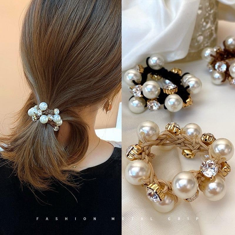 Chic Rhinestone & Faux Pearl Flower Hair Ties - 2pcs Set for Girls | Stylish Everyday & Vacation Accessory, Black