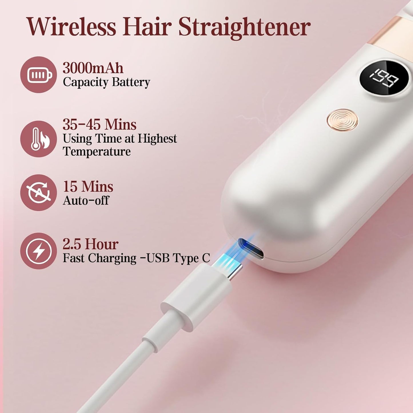 Go Brush Pro Cordless Hair Straightener Brush - Portable Rechargeable Ceramic Styling Brush with 4 Adjustable Heat Modes & LED Display, Perfect for Travel & Everyday Use (Cream White)