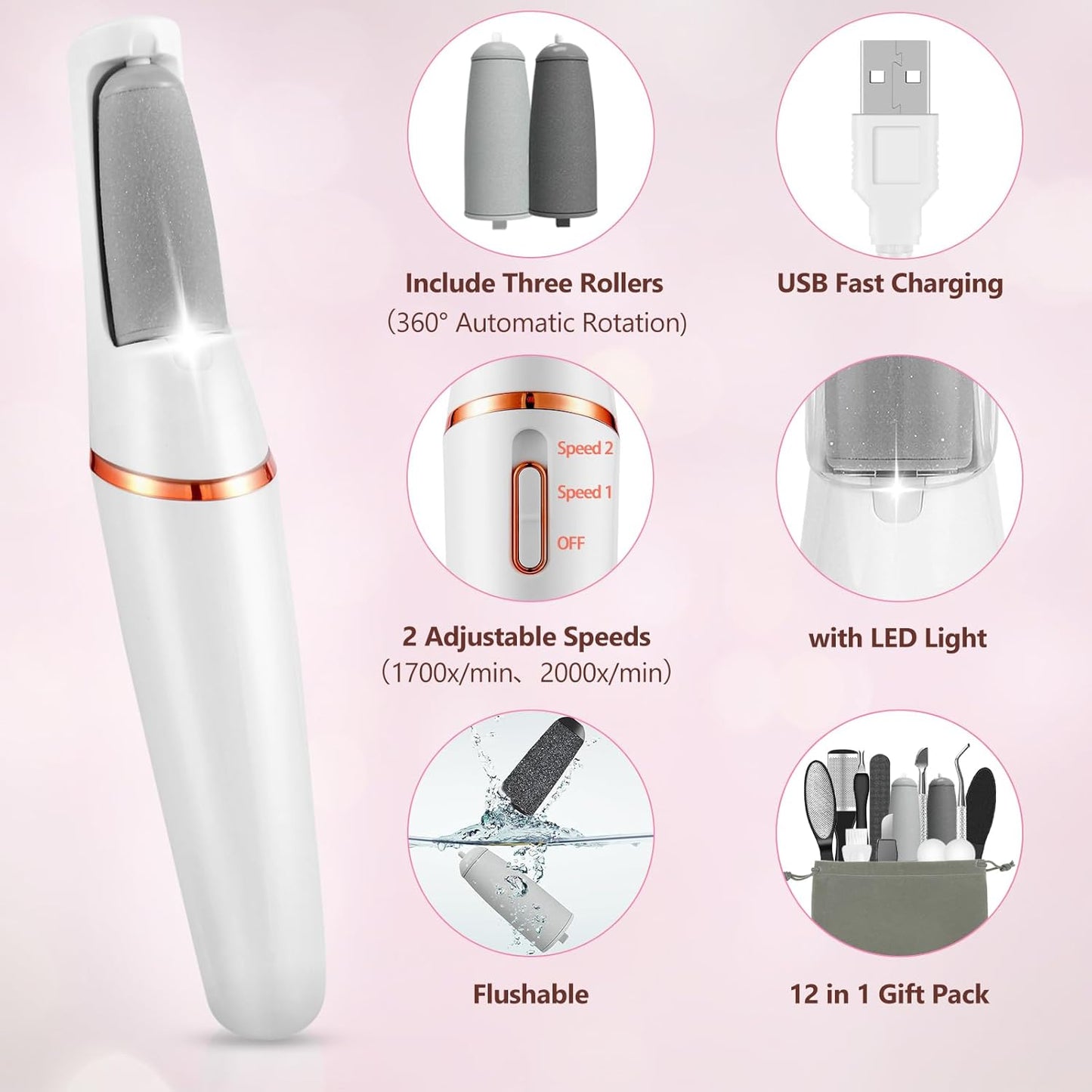 Electric Callus Remover - Rechargeable Pedicure Kit with 12 Tools | Smooth Feet & Remove Dry Skin (White)
