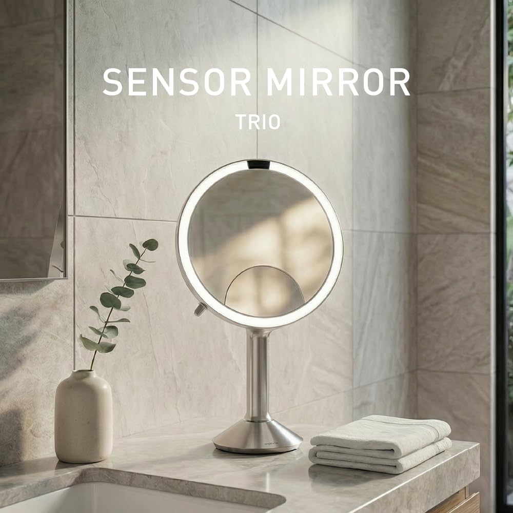 simplehuman Sensor Mirror Trio, 1X 5X 10X Magnification, Round Rechargeable Beauty Makeup Mirror, Tru-Lux® Full-Spectrum Light, Dual Light Settings, Adjustable Brightness, Brushed Stainless Steel