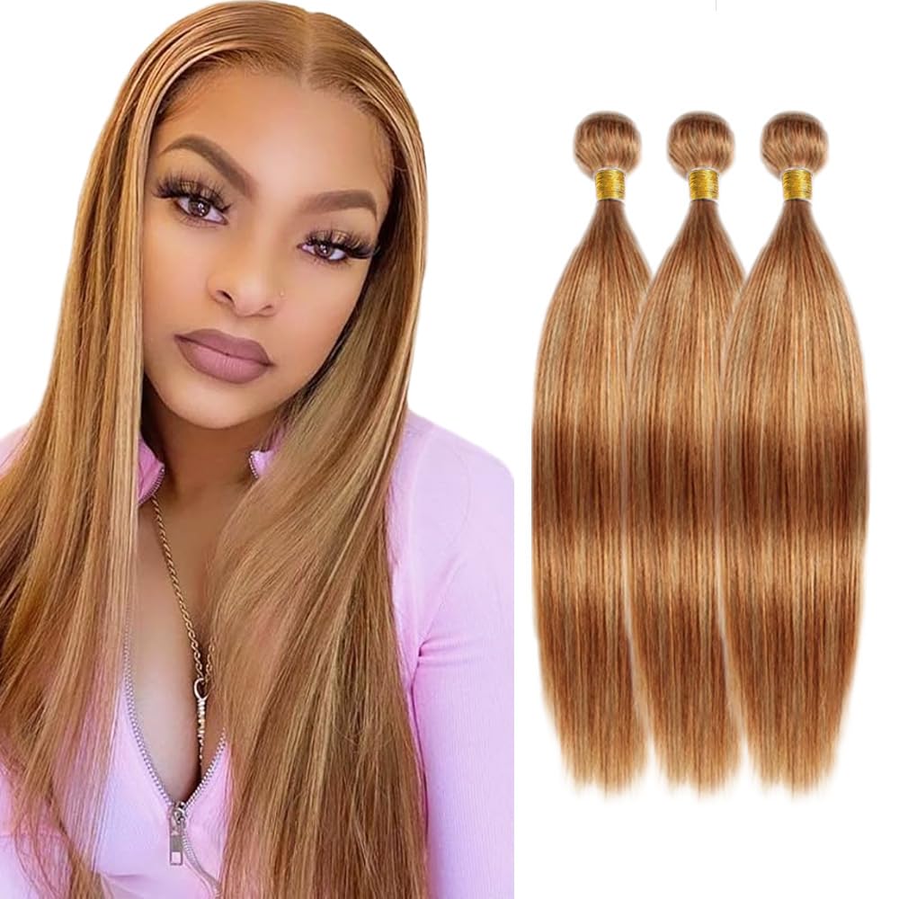 Honey Blonde Highlight Human Hair Bundles Brown Straight Bundles 20 20 20 Inch Brazilian Unprocessed Virgin Weave Human Hair Extensions