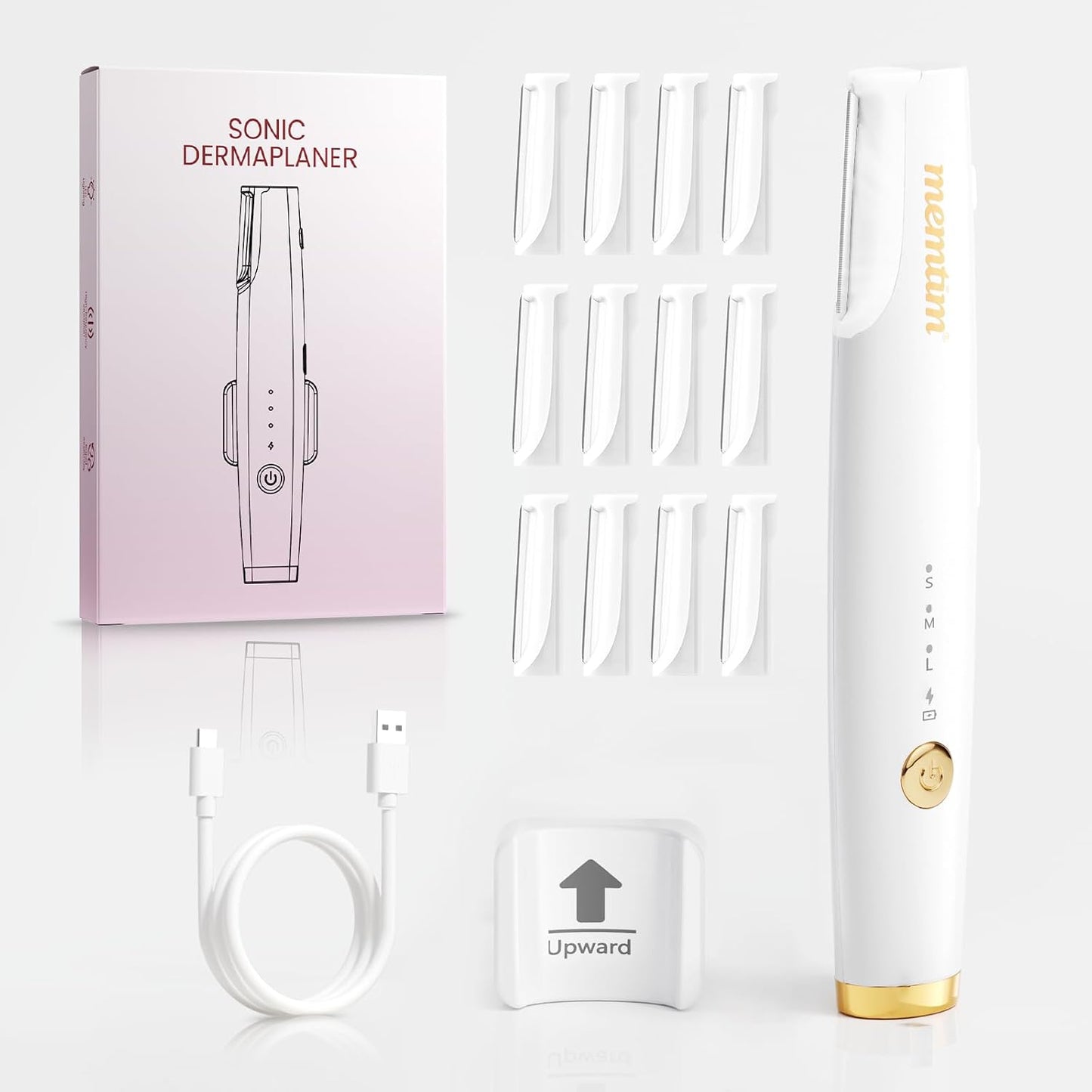 Sonic Dermaplane Facial Hair Remover - Rechargeable Face Razor with LED Light & 4 Blades | Gold