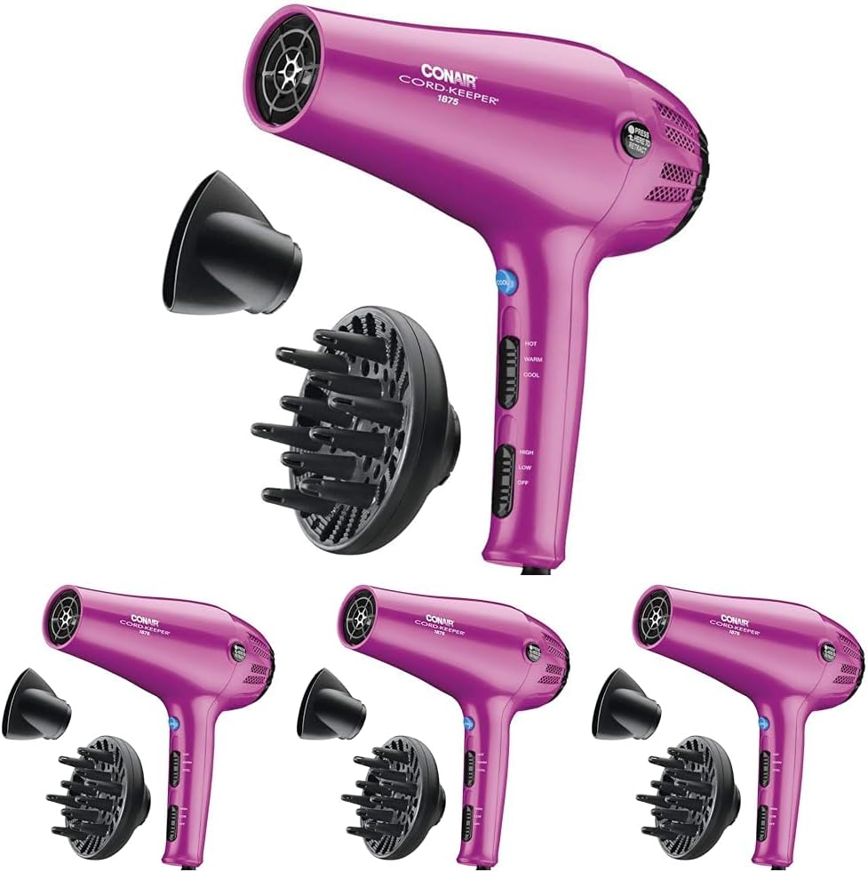 Conair Hair Dryer - 1875W Ionic Blow Dryer with Retractable Cord & Diffuser | Matte Light Pink, 3 Heat Settings