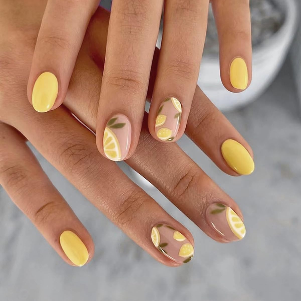 Lemon Press-On Nails - Short Oval Yellow | Fresh Fruit Design, Skin-Friendly & Trimable for Summer Fun