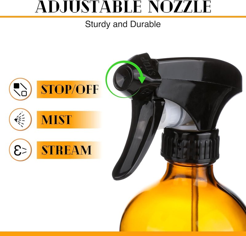 Zenowick Glass Spray Bottles - 16 Oz Refillable Containers with Silicone Sleeve | Adjustable Nozzle for Cleaning & Essential Oils (Amber)
