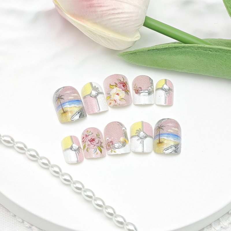24Pcs Summer Beach Press-On Nails - Short Square White French Tips with Coconut Trees & Rhinestones | Full Cover Glitter Designs