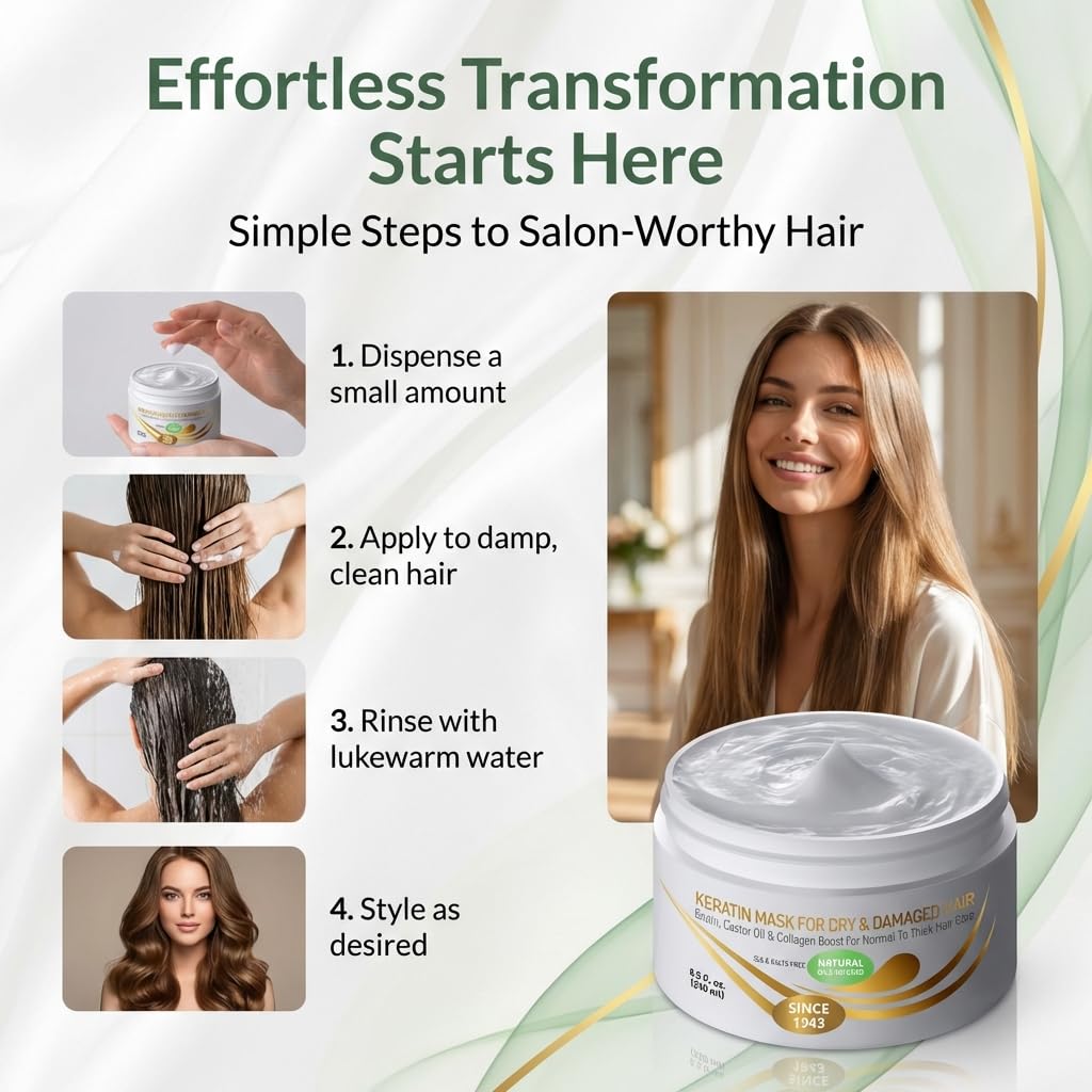 VITAMINS hair cosmetics Keratin Hair Mask Deep Conditioner for Dry Damaged Hair - Biotin, Collagen & Castor Oil Deep Conditioning, Repairs Split Ends & Restores Shine - For Thick Locks