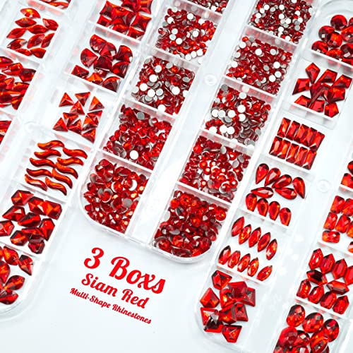 qiipii Red Nail Rhinestones 3 Boxes Multi-Shapes Flatback Gems for Nail Art & Crafts
