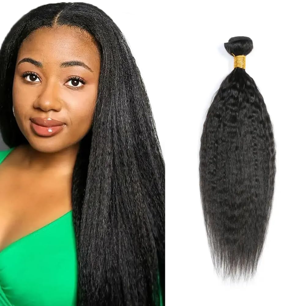 Yaki Human Hair Bundles #1B Yaki Straight Human Hair Bundles 26 inch WuvuSnm Natural Black Kinky Straight Bundle