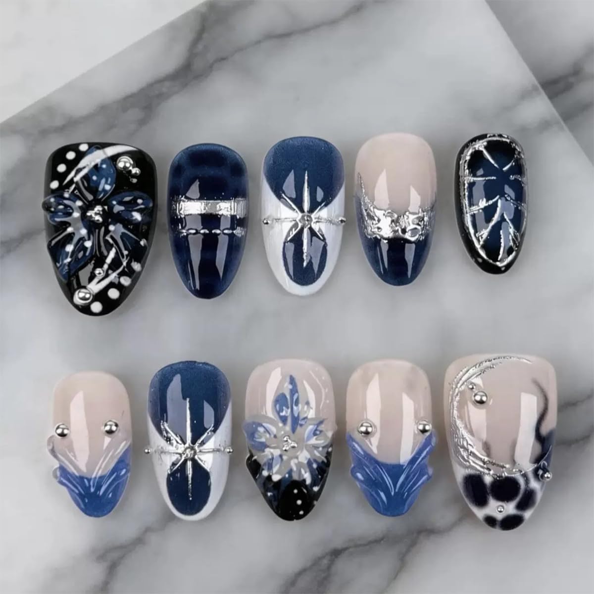 Blue Flower Press-On Nails - 30 Pcs Medium Almond Acrylic with 3D Rhinestones | Y2K French Tip Design