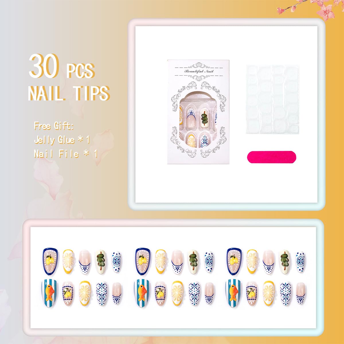 30Pcs Summer Press On Nails Almond Medium Fake Nails with 3D Goldfish Lemon & Blue Floral Design Bohemia Style French Tip Acrylic False Nails Reusable Full Cover Glue On Nails for Women Manicure