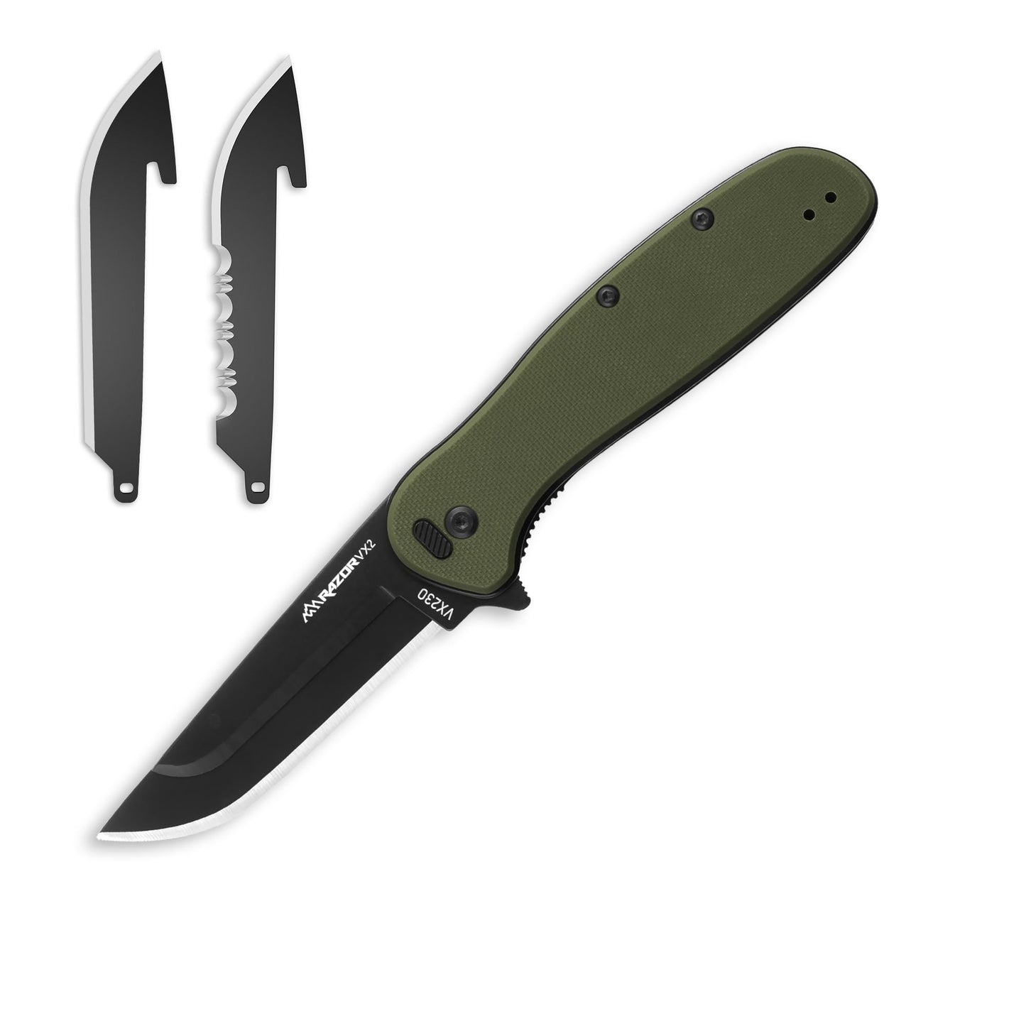 OUTDOOR EDGE - Razor VX2 | Green G10 with Black Drop Point | Replaceable Blade EDC Folding Pocket Knife | 3" Stainless Blade, Reversible Pocket Clip