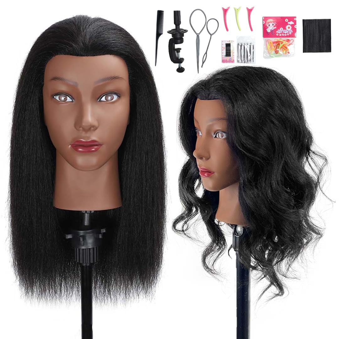 Mannequin Head - 100% Real Human Hair Cosmetology Practice Doll | 16 Inch with Clamp Holder & Tools