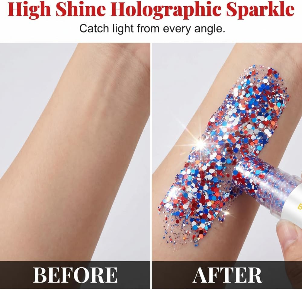 Patriotic Red White and Blue Glitter Stick - USA Hair & Face Gel for 4th of July Celebrations | Independence Day Accessory
