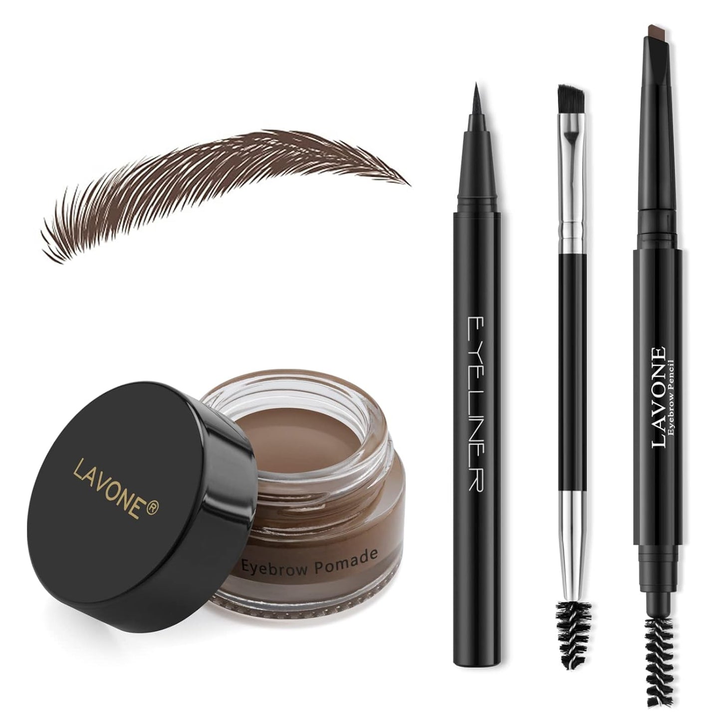 LAVONE Makeup Kit - Waterproof Eyebrow Stamp Pencil & Pomade, Dual-Ended Brush | Dark Brown