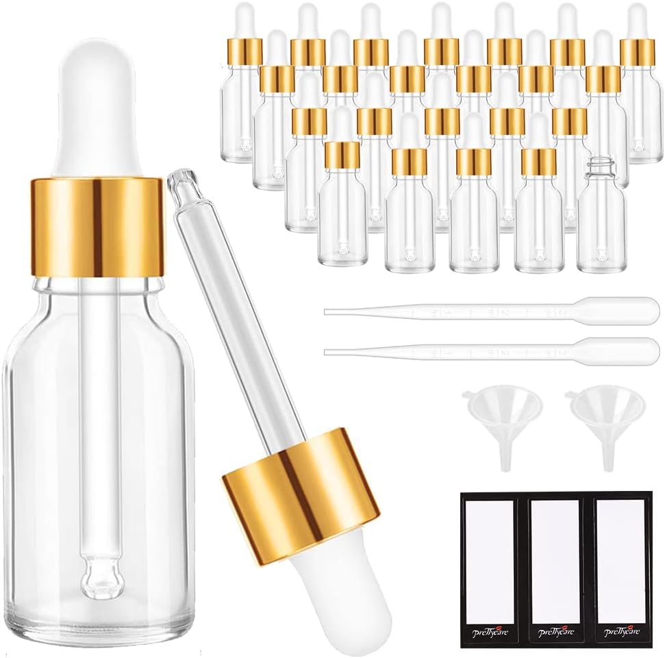 Glass Eye Dropper Bottles - 24 Pack 0.5oz Amber Leakproof Bottles with Golden Caps | Perfect for Essential Oils, Tinctures, Travel