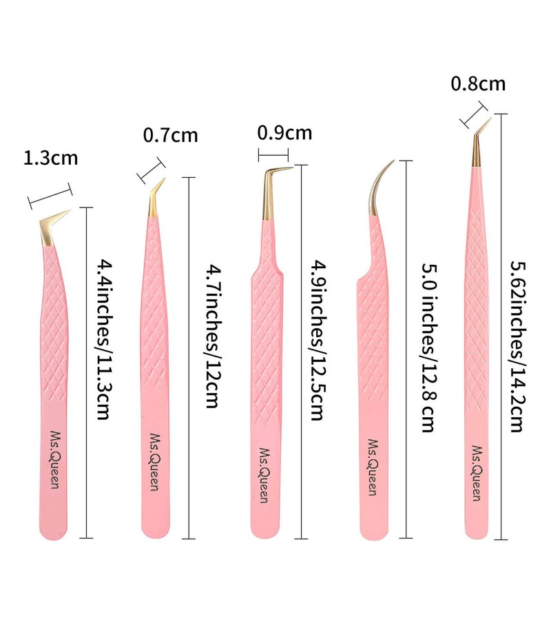 Ms.Queen Lash Tweezers for Eyelash Extensions,5Pcs Precision Fiber Tip Grip Curved 45 90 Degree Boot volume Tweezers Set
