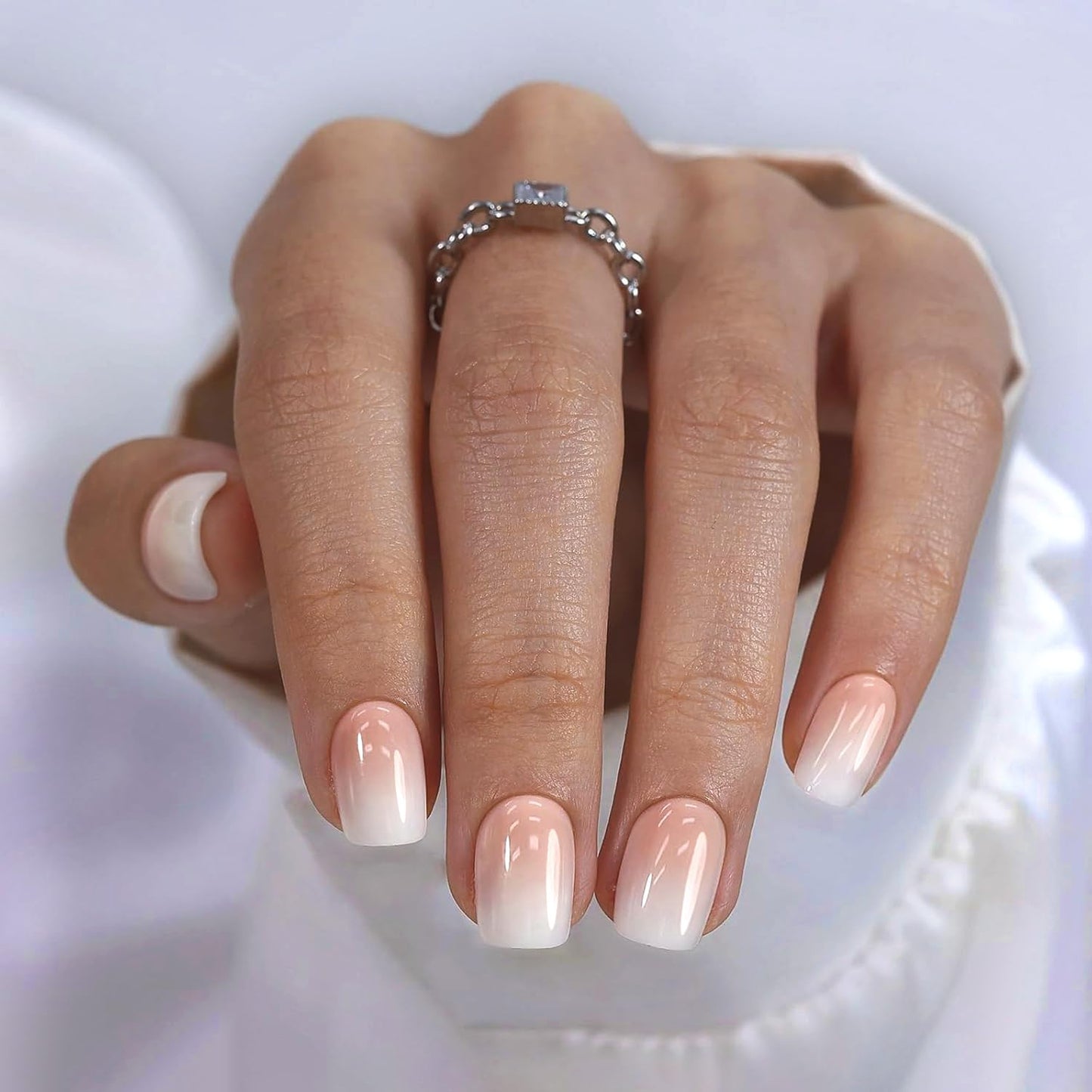 Chrome Press On Nails - Oval Soft Gel Nude Short for Women | 32 Reusable Glossy Glue-On Nails in 16 Sizes