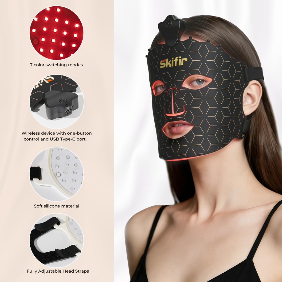 SKIFIR Wireless Photoelectric Beauty Red Light Mask Sustainable, Rechargeable and Ergonomic Design for Home & Travel (Black)