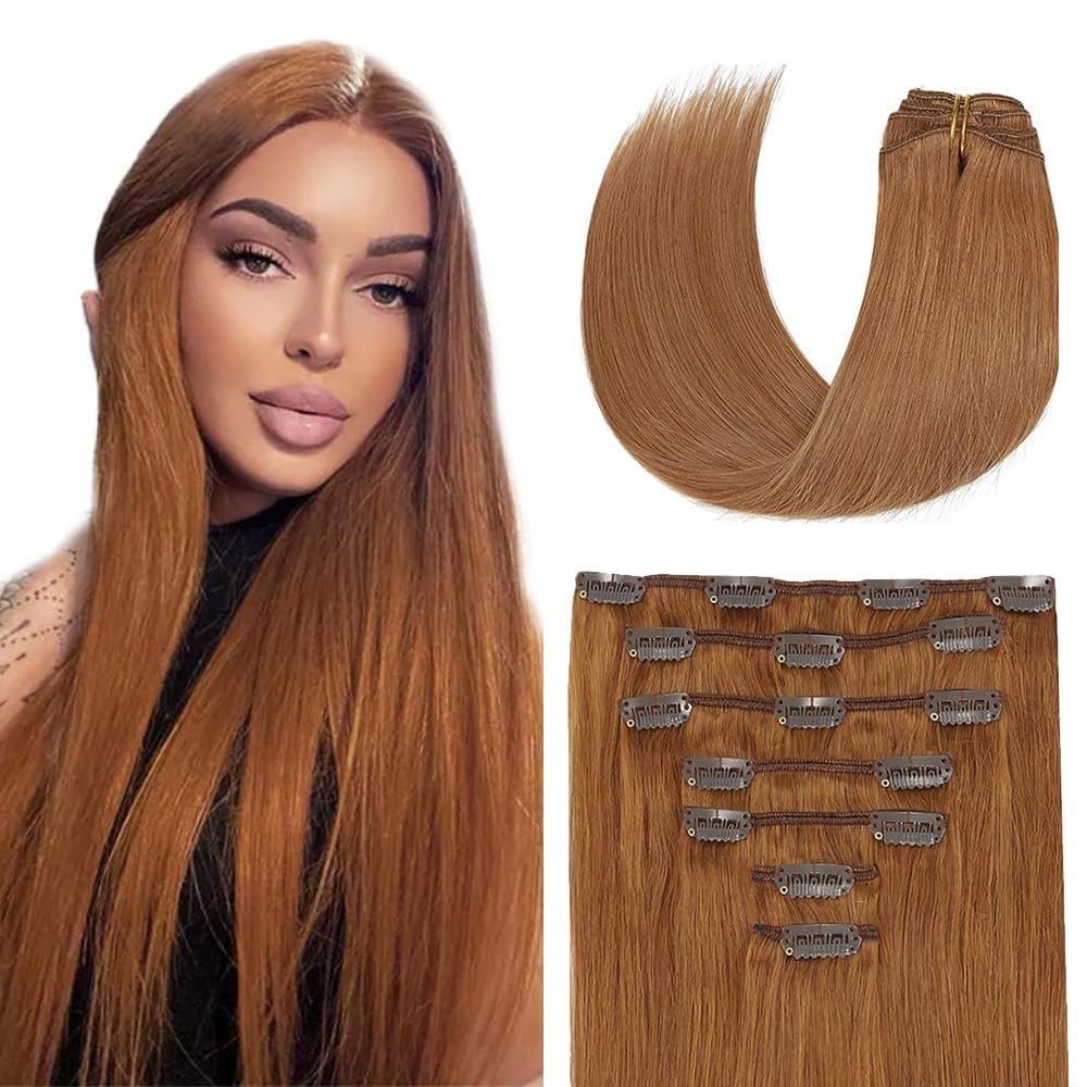 Clip in Hair Extensions Real Human Hair #30 Brown, 18 Inch 120g/7Pcs,Full Shine Remy Human Hair,Light Brown Straight Clip ins Brazilian Virgin Human Hair Extensions