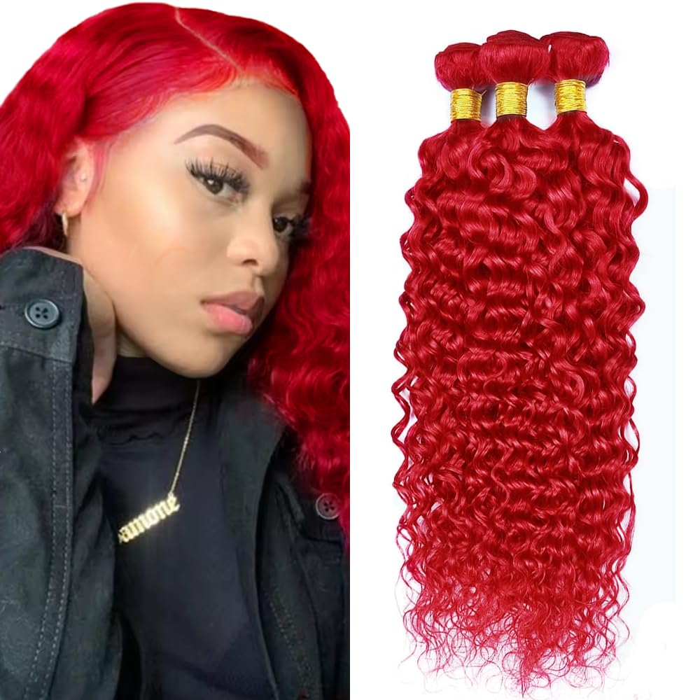 Red Human Hair Bundles GveoXvo Red Water Wave Bundles 12 14 16 Inch Unprocessed Virgin Mixed Length Burgundy Bundle Hair Extensions