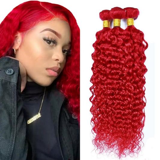 Red Human Hair Bundles GveoXvo Red Water Wave Bundles 12 14 16 Inch Unprocessed Virgin Mixed Length Burgundy Bundle Hair Extensions