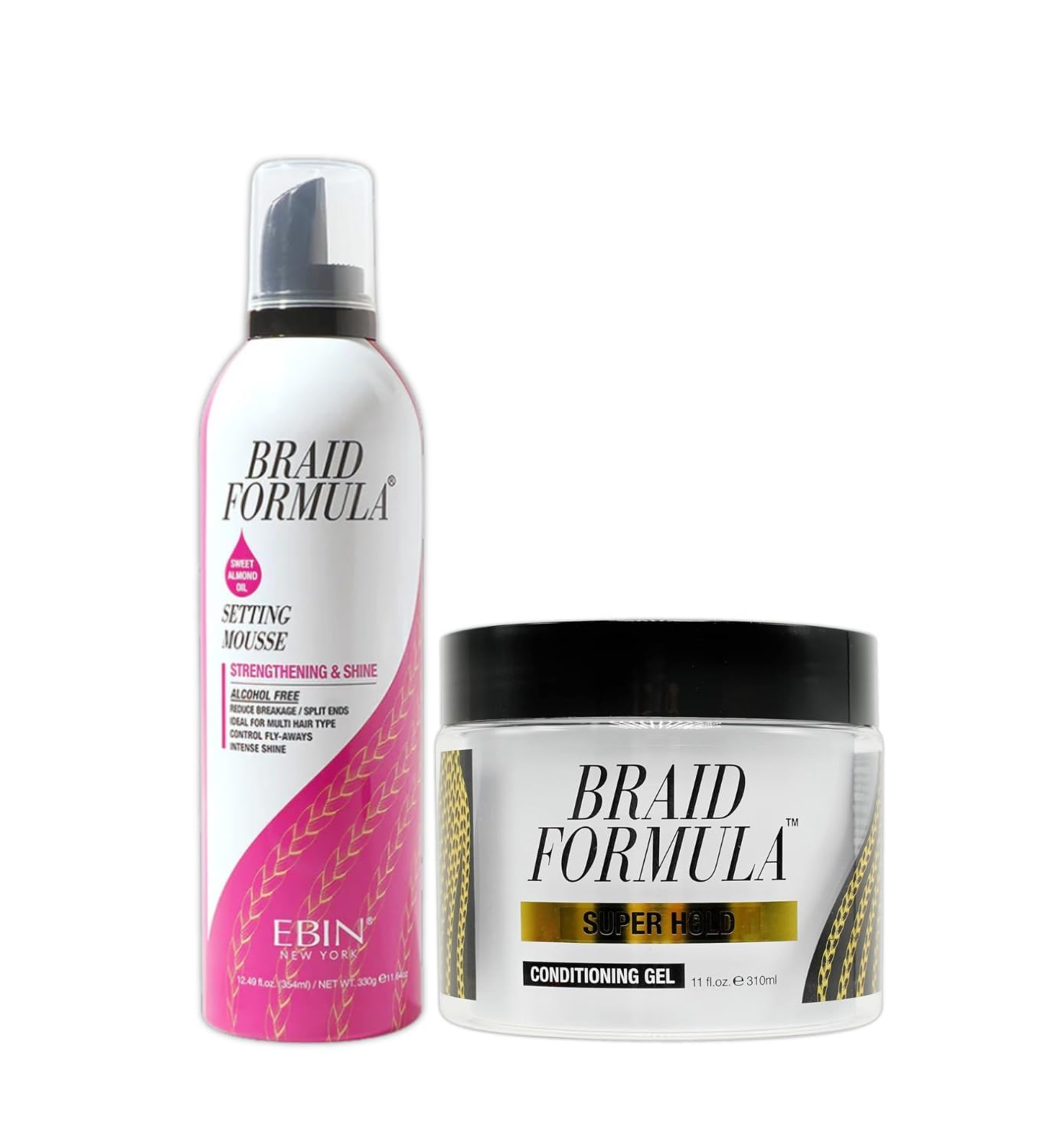 EBIN NEW YORK Braid Formula Conditioning Gel Super Hold 11oz & Setting Mousse Strengthening Shine Sweet Almond Oil 12.49oz Braid Mousse Hair Foam & Gel for Braids – Gift Set (2 Items)