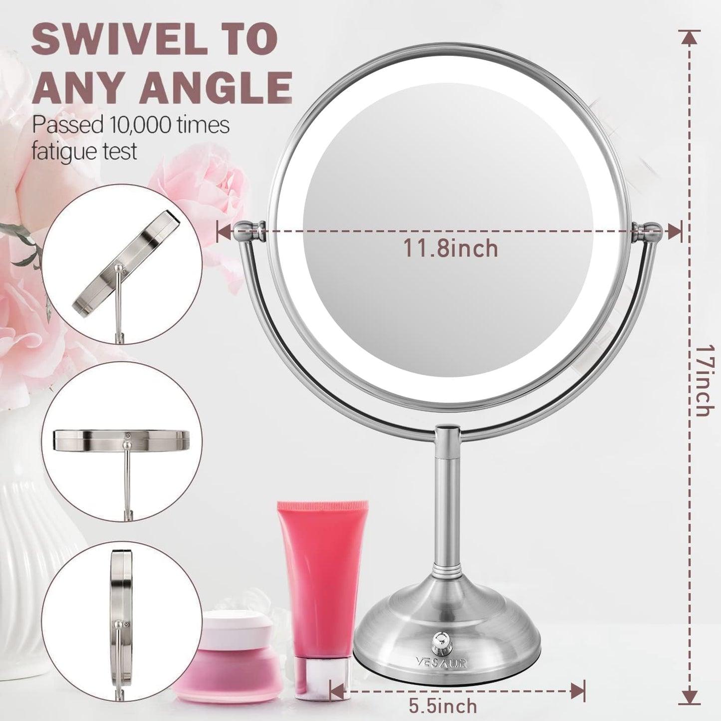 Lighted Makeup Mirror - 11-Inch Double-Sided 1X/5X Magnification | Adjustable Brightness & 360° Rotation