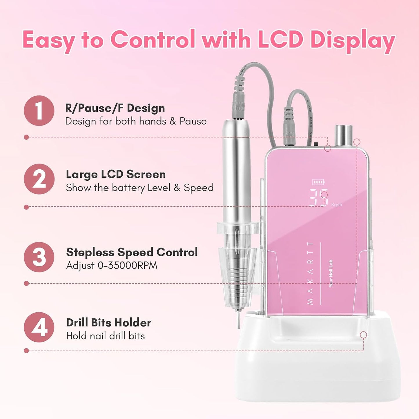 Makartt Nail Drill - 35,000RPM Rechargeable Electric Nail File for Acrylic & Gel Removal | 2-in-1 Portable & Desktop, LCD Display, Nouvella Pink