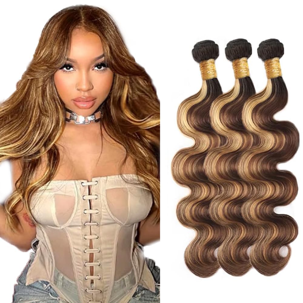 Honey Blonde Human Hair Bundles P4/27 Body Wave Bundle 16 18 20 Inch Brazilian Virgin Hair 3 Bundles Highlight Bundle Human Hair Extensions