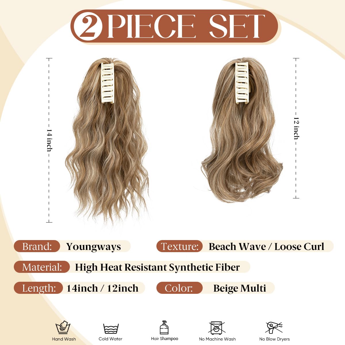 Ponytail Extensions - Wavy Curly Claw Clip Hairpieces for Women | 12" & 14" Beige Multi Set