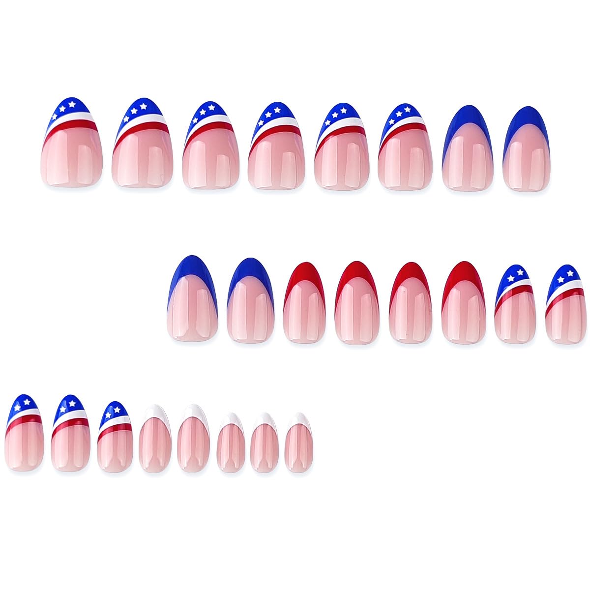 4th of July Press on Nails - French Tip Fake Nails with American Flag Design,Short Almond Patriotic False Nails Press ons for Women Independence Day Manicure 24Pcs