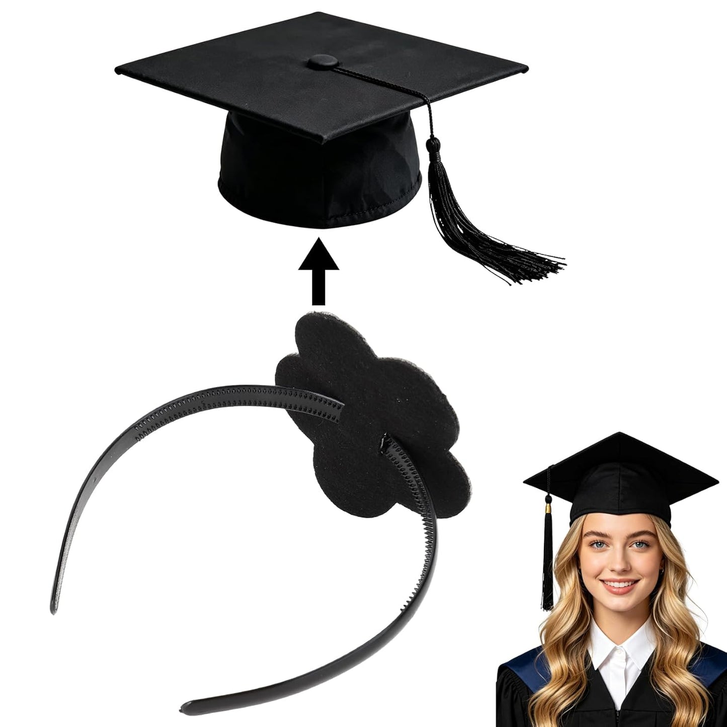 Graduation Cap Headband - Black Anti-Fall Hairband with Adhesive Insert | Securely Hold Caps & Hairstyles
