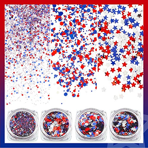 4th of July Nail Glitter Sequin Set - Patriotic Star & Hexagon Sparkle Mix, 12 Boxes
