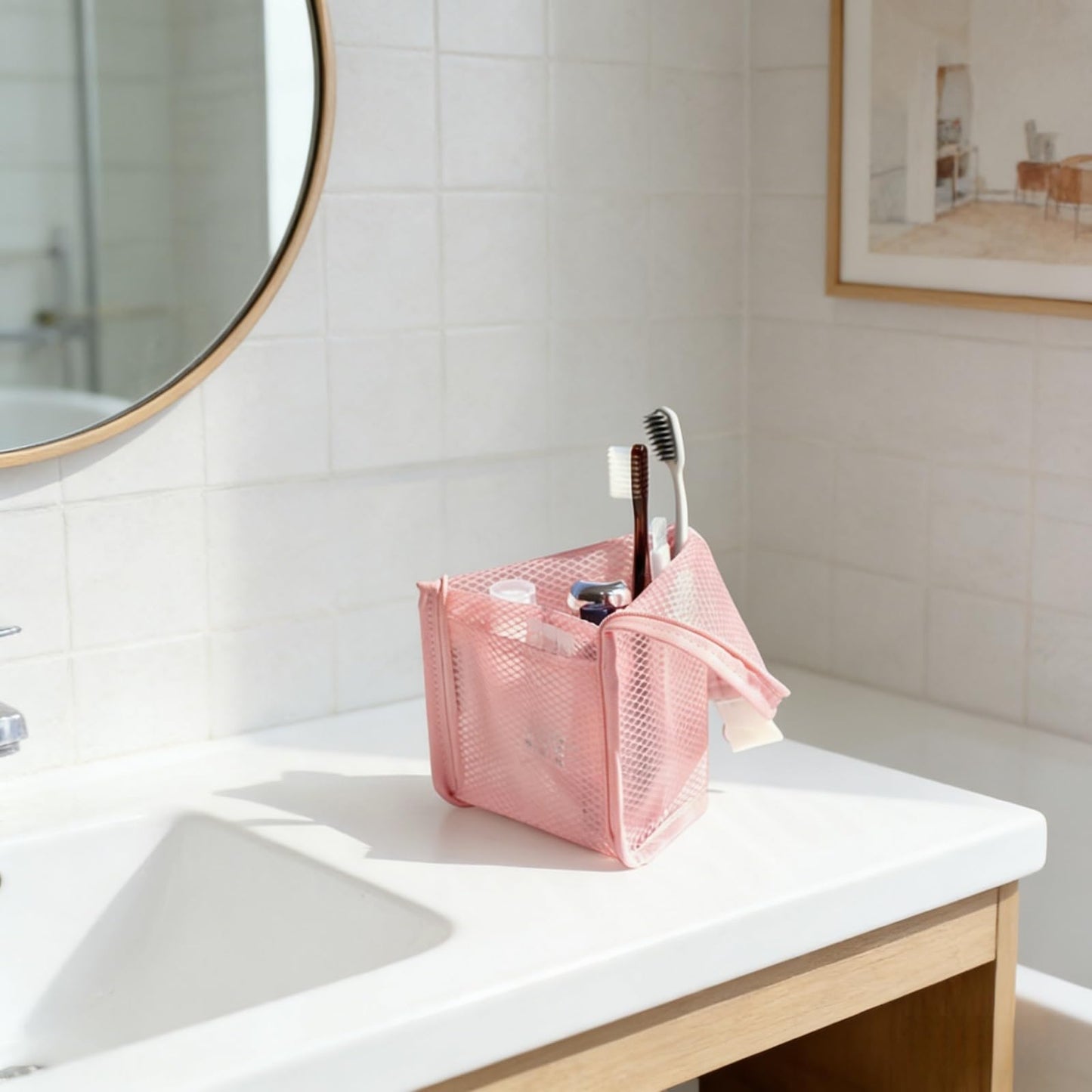 LUOBEIYAOHL Standing Toiletry Bag Stand up Makeup Brush Holder for Travel, Pink, Cosmetic Case