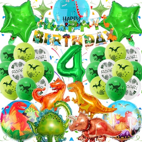 Dinosaur 4th Birthday Party Decorations - Green Foil Balloons & Banner