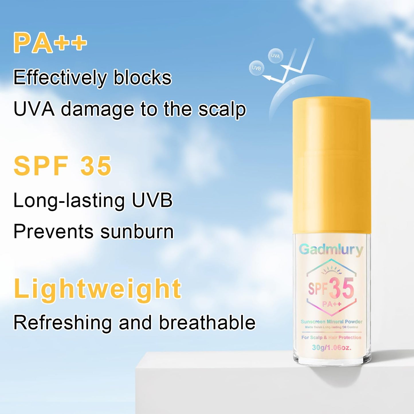 Mineral Sunscreen Powder, for Scalp & Hair, 0.71 Oz. SPF 35 PA++, Scalp Sunscreen Spray Powder with Broad Spectrum UV Protection, Lightweight, Easy to Apply, No-Greasy, Cruelty-Free (1PC)